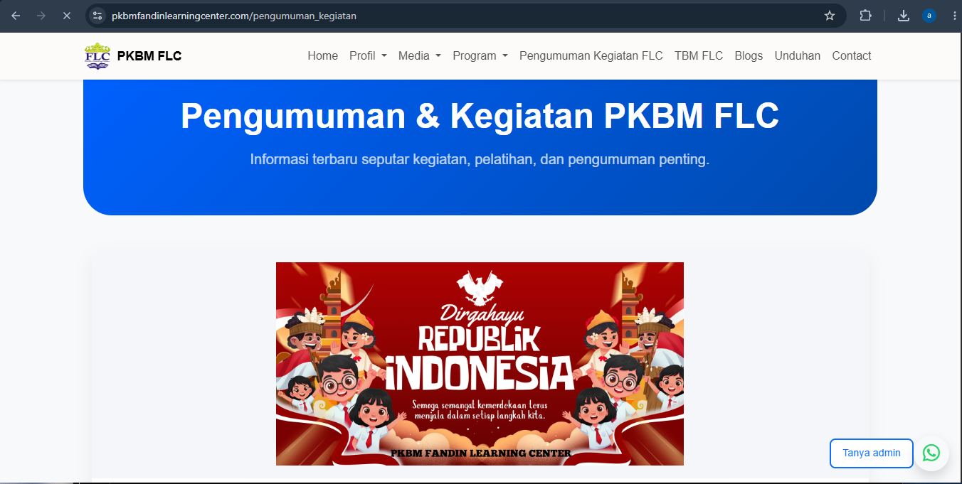 Halaman informasi pengumuman kegiatan